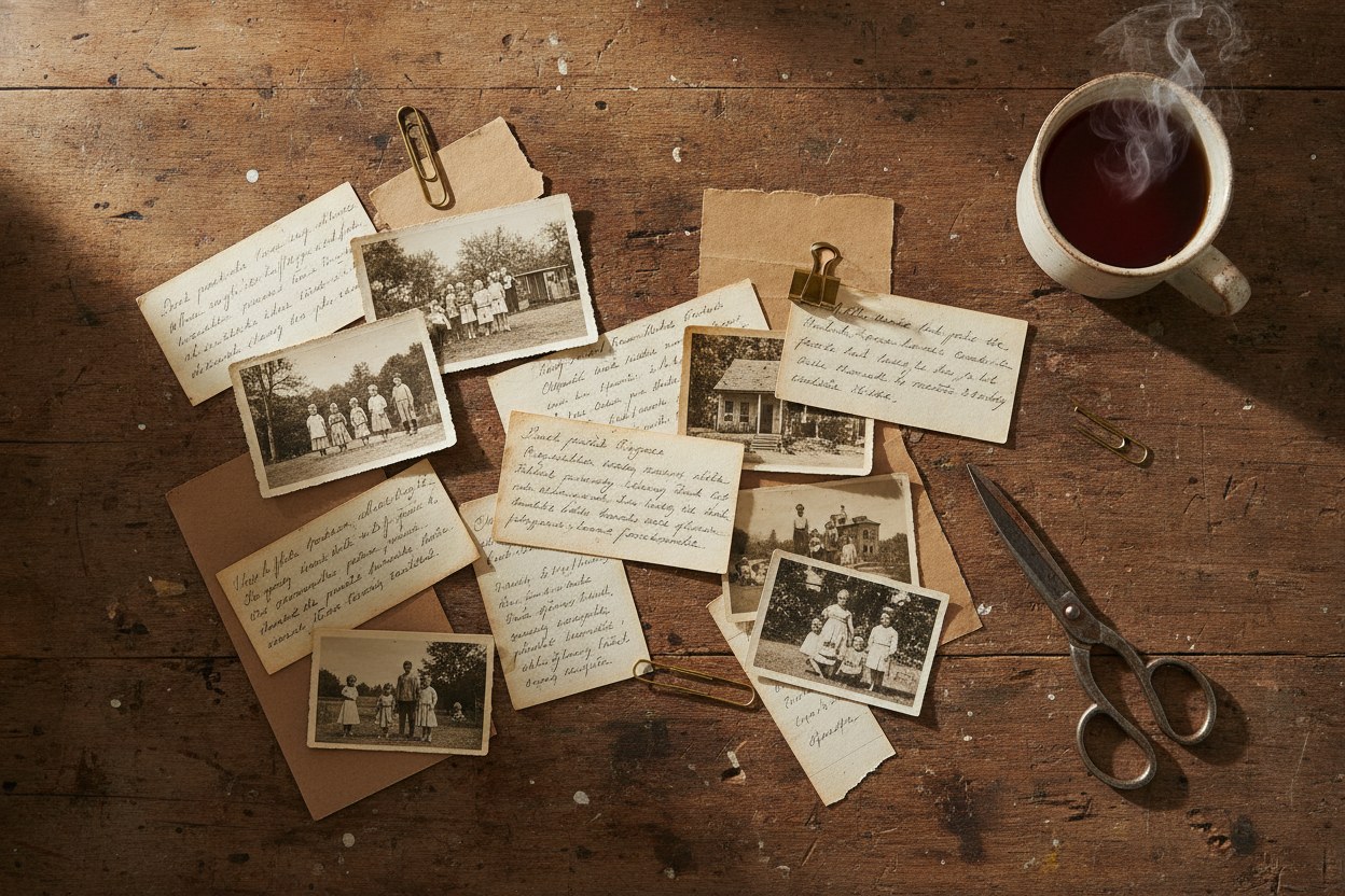 Panoevi atölyesinde tarif kartları ve fotoğraflar masa üzerinde dizilirken